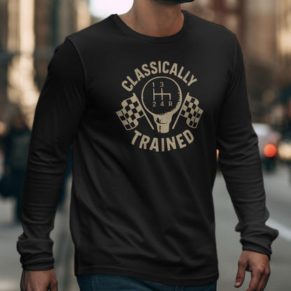 Black long-sleeve t-shirt with a vintage gear shift graphic and checkered flags.
