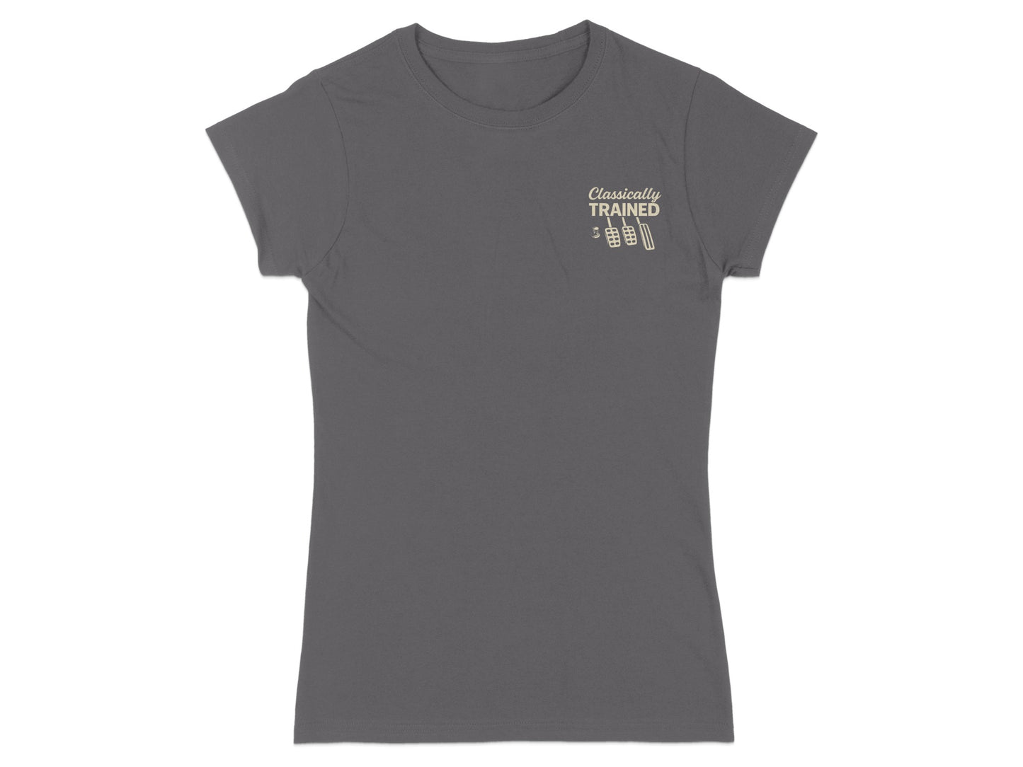 Gray t-shirt with "Classically Trained" text and barbell graphic.