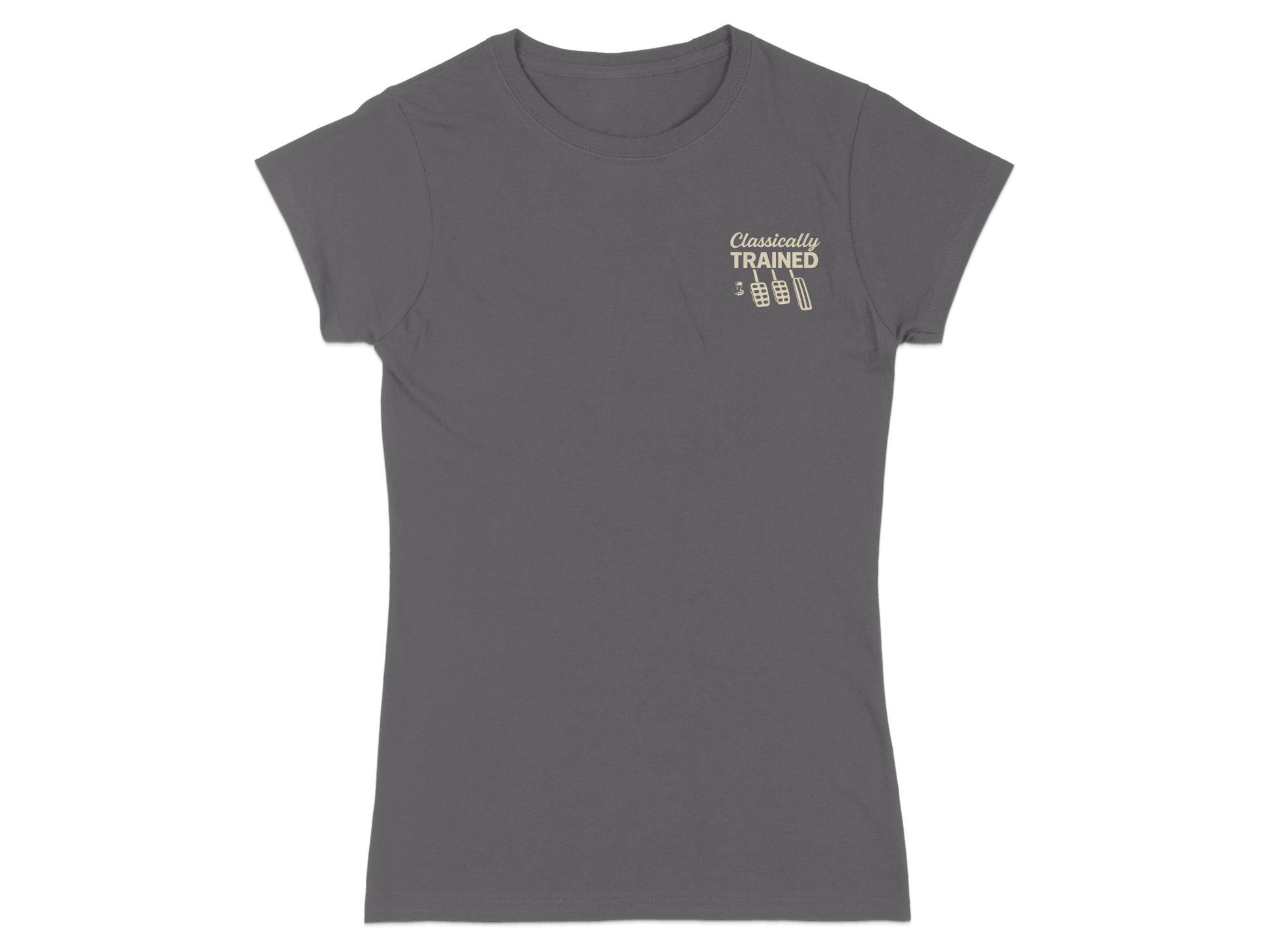 Gray t-shirt with "Classically Trained" text and barbell graphic.