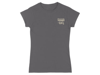 Gray t-shirt with "Classically Trained" text and barbell graphic.