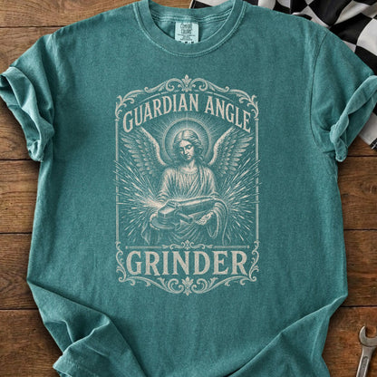 Guardian Angle Grinder graphic tee with angelic figure and tool.