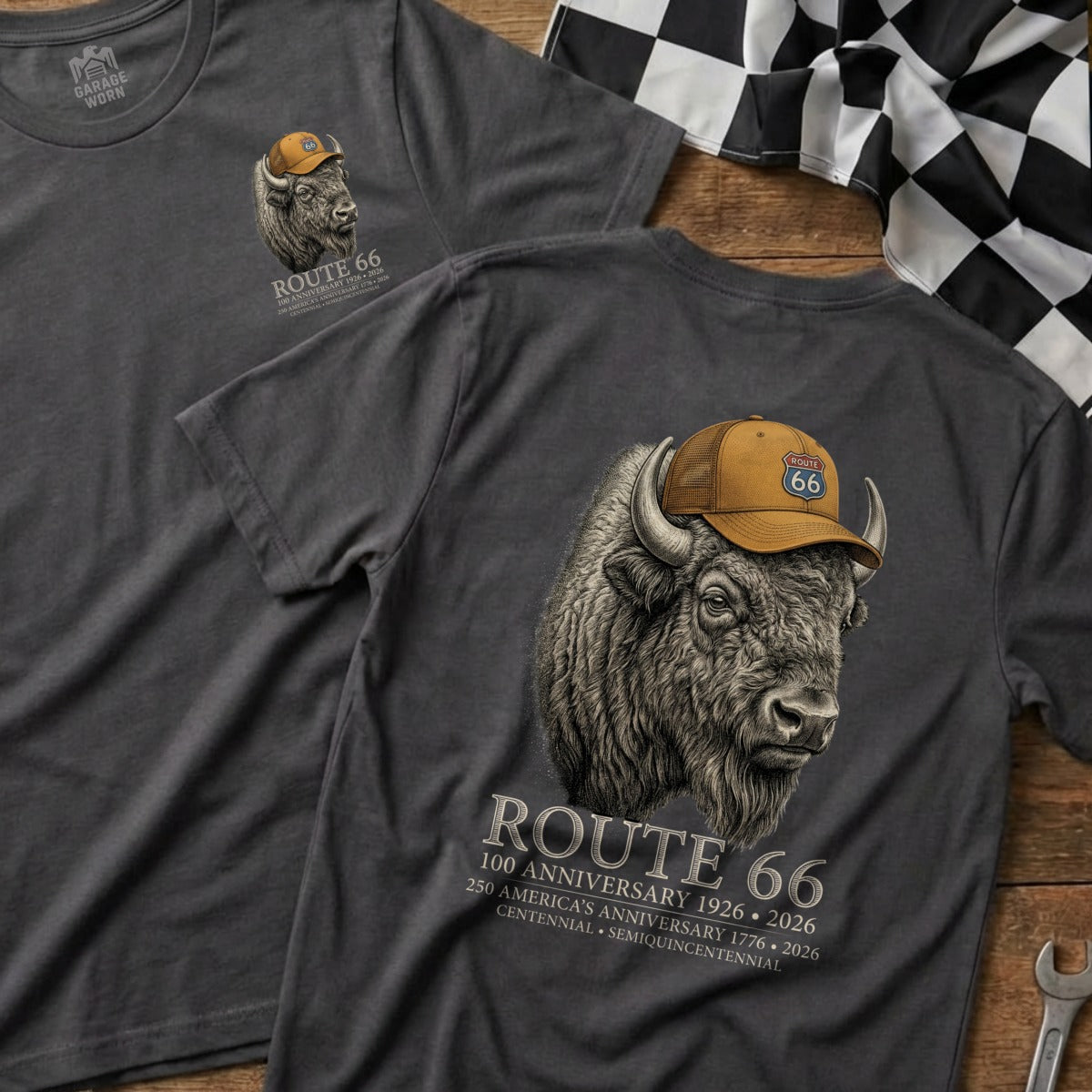 Charcoal t-shirts display Route 66 buffalo graphic with text.