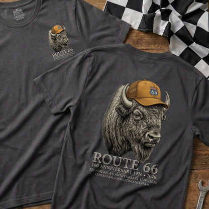 Charcoal t-shirts display Route 66 buffalo graphic with text.