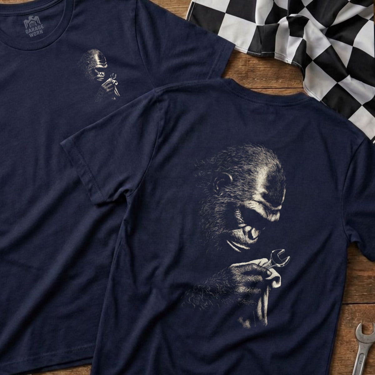 Navy t-shirt with a gorilla holding a wrench, viewed from the back and side.