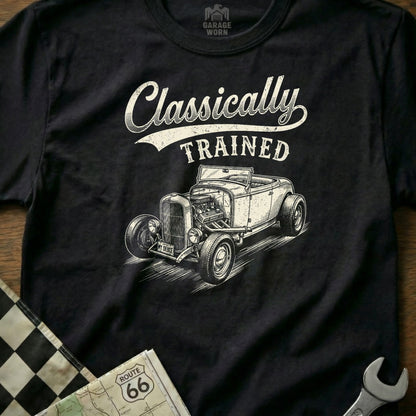 Black t-shirt with "Classically TRAINED" and hot rod graphic.
