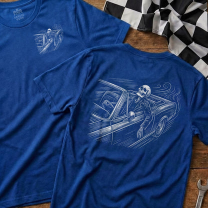 Two blue t-shirts with skeleton driving a car graphic.