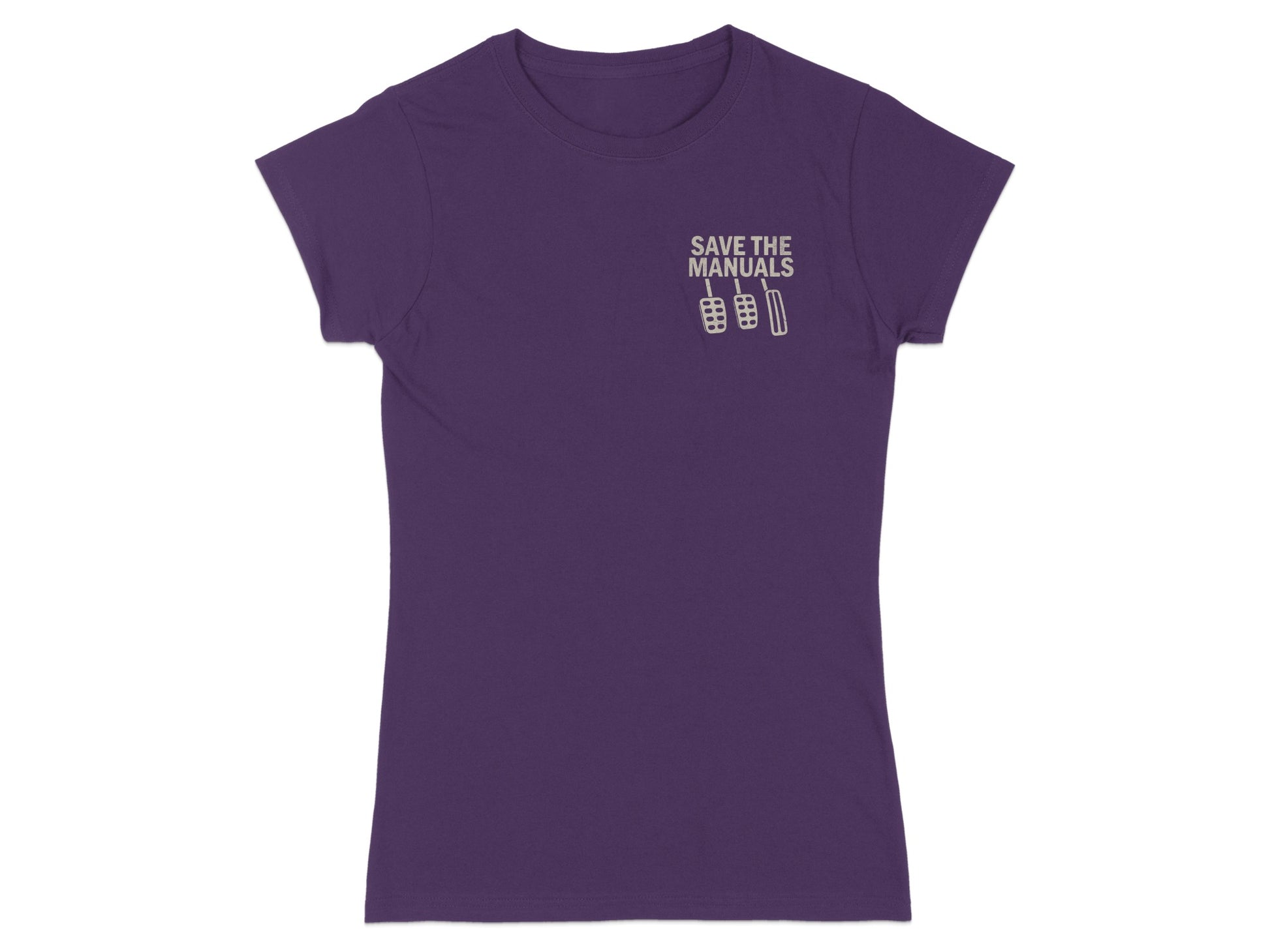 Purple t-shirt with "SAVE THE MANUALS" and clutch, brake, and gas pedals graphic.