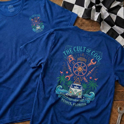 Blue t-shirt with "The Cult of Cool" graphic featuring a VW van and car parts.