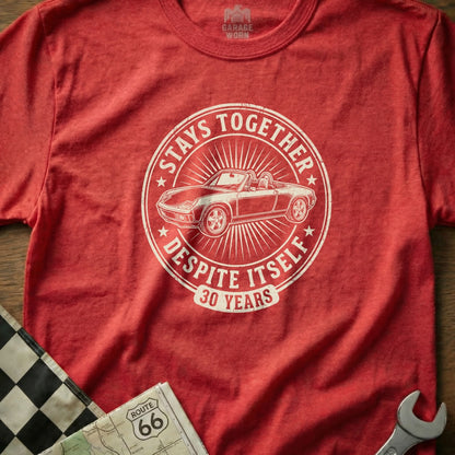 Red t-shirt with "Stays Together Despite Itself 30 Years" and a classic car graphic.