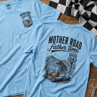 Light blue t-shirt with "Mother Road Father Time" graphic featuring a desert highway and glass of whiskey.