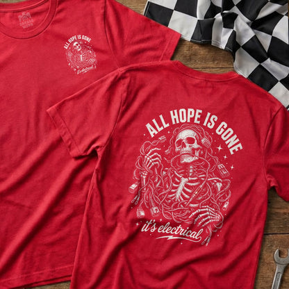 Red t-shirt with a skeleton graphic, "All Hope is Gone" and "it's electrical" text.
