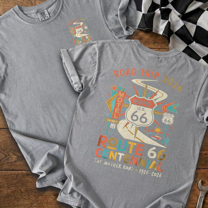 Route 66 Centennial graphic t-shirt with year 2026 and motel designs.