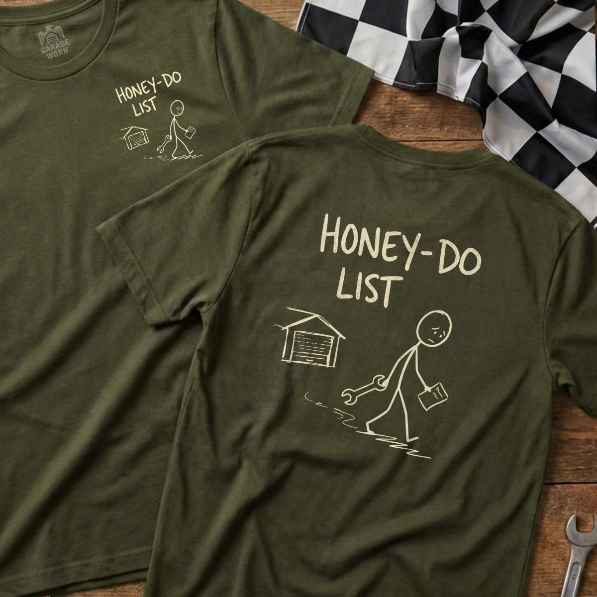 Two olive green t-shirts with "Honey-Do List" and stick figure graphic.