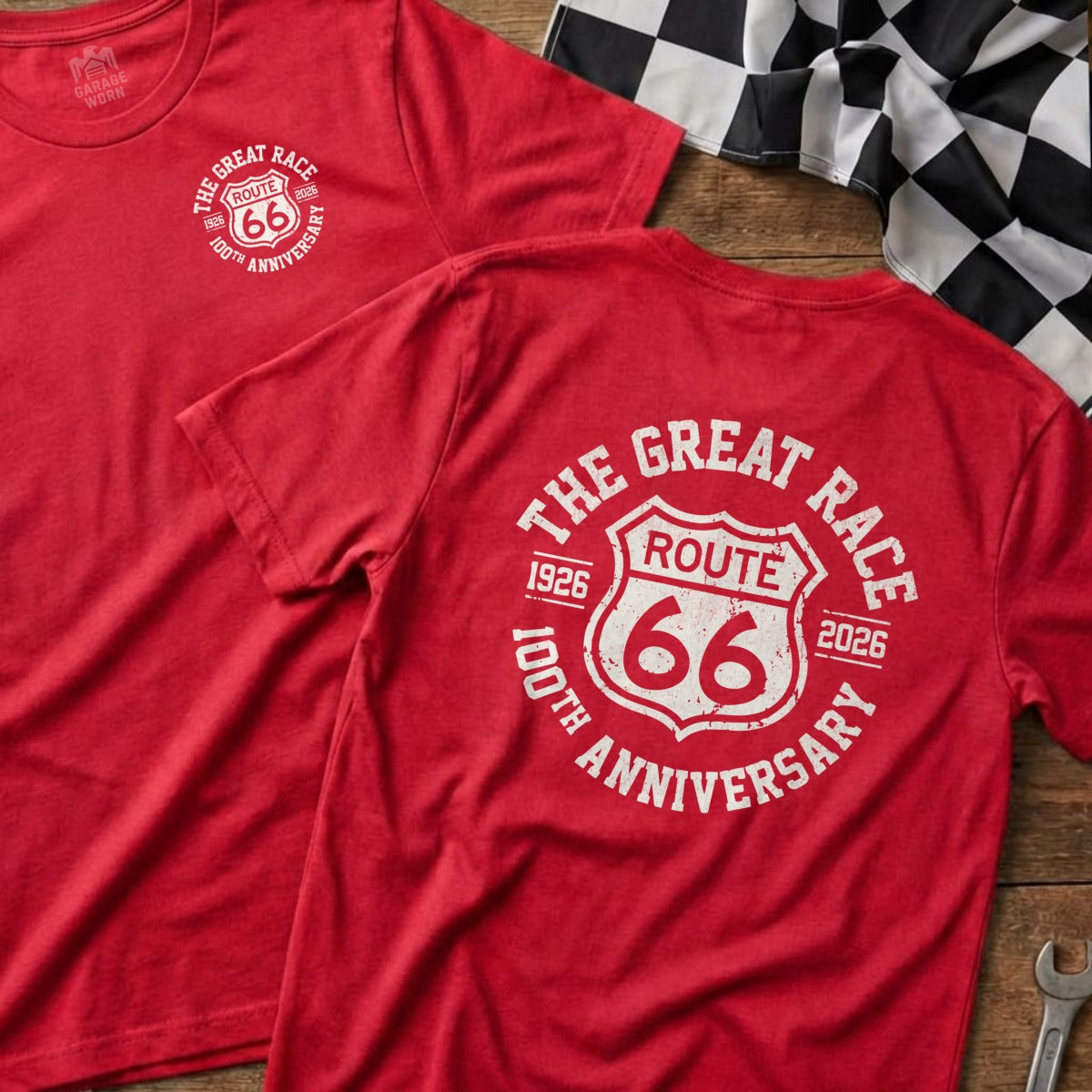 Red t-shirts with Route 66 100th Anniversary logo and checkerboard flag.