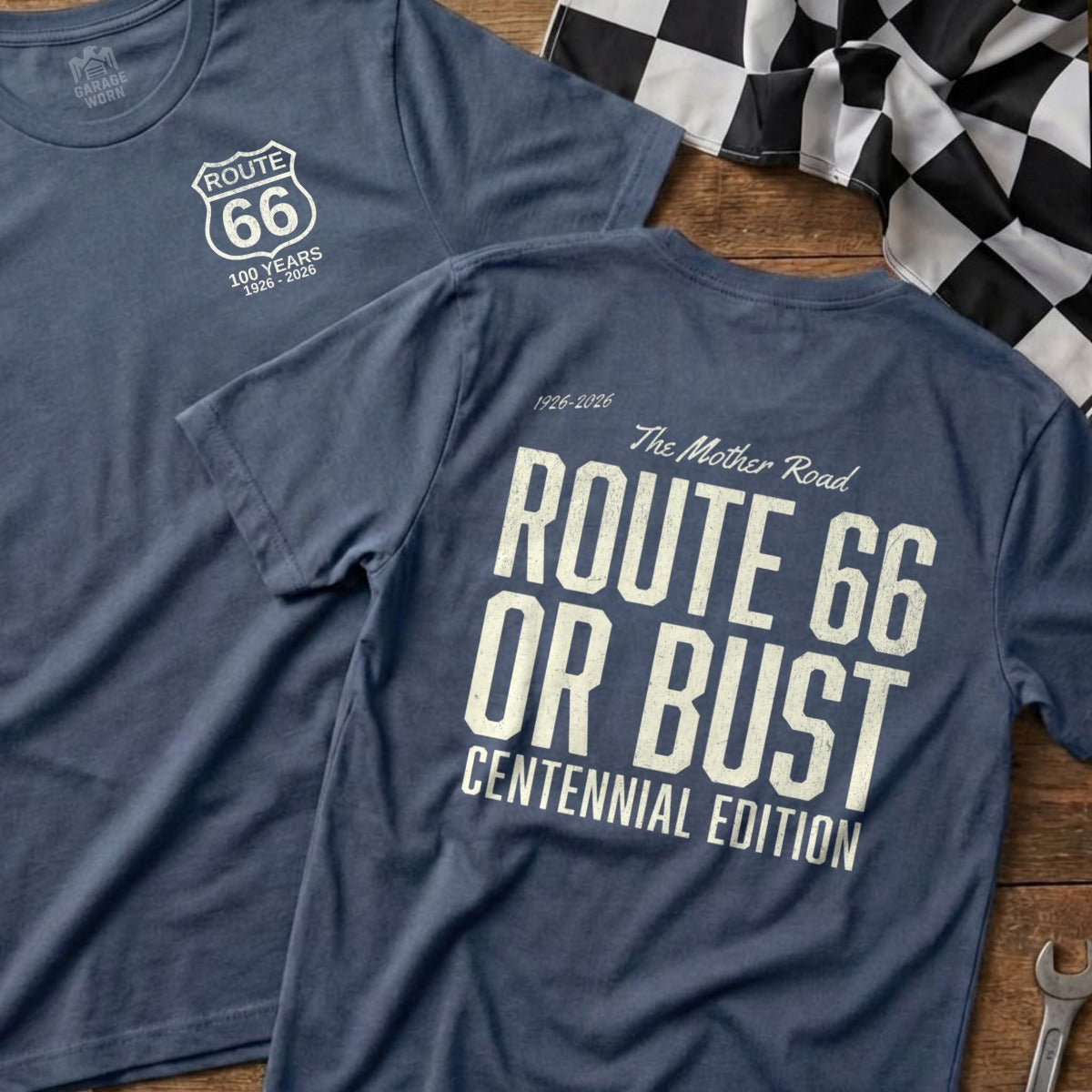Blue Route 66 Centennial Edition t-shirt with checkered flag and "OR BUST" text.