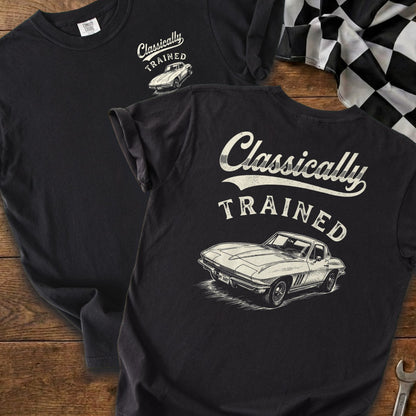 Black t-shirt with "Classically Trained" text and a vintage car illustration.