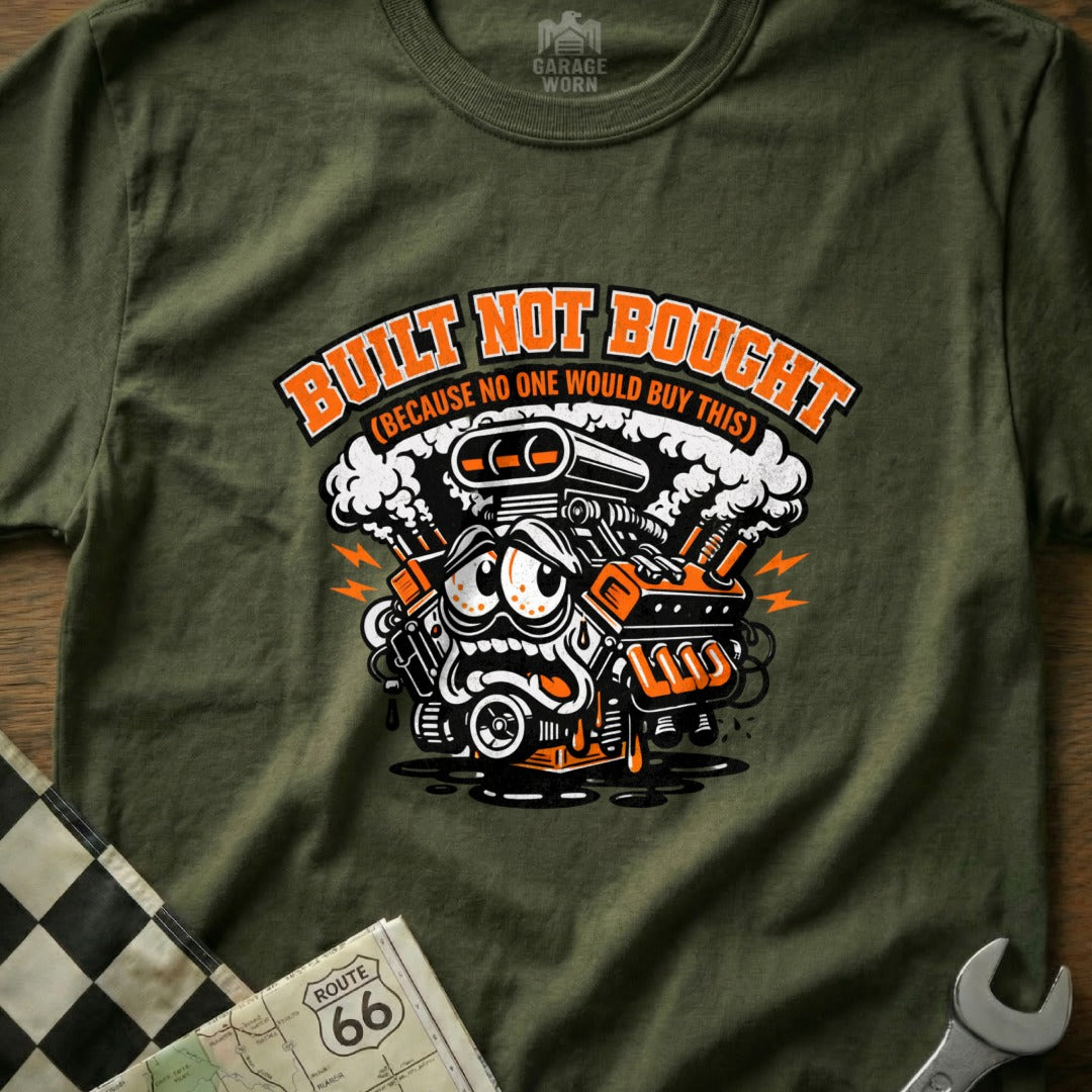 Built Not Bought Graphic T-Shirt with Engine Cartoon Print