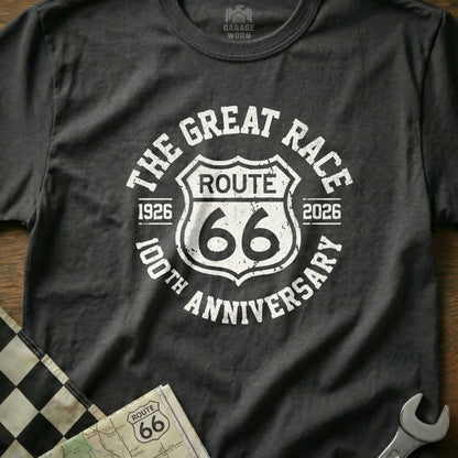 Dark t-shirt with "The Great Race Route 66 100th Anniversary" text.