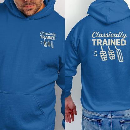 Blue hoodie with "Classically TRAINED" text and pedal graphic.