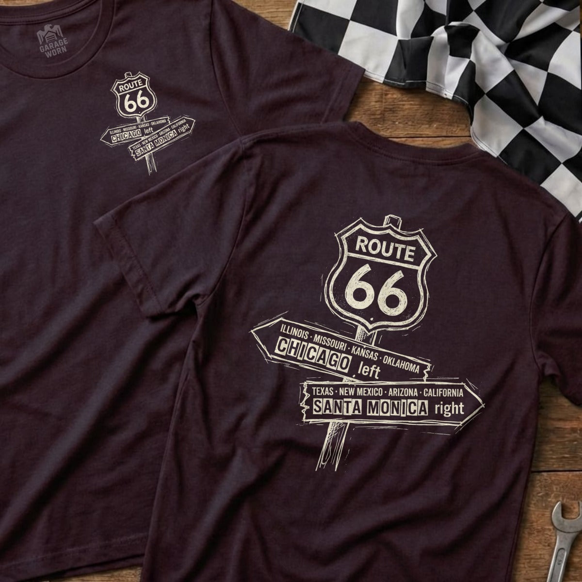 Burgundy t-shirt with Route 66 sign pointing to Chicago and Santa Monica.