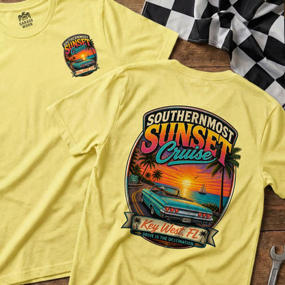 Yellow t-shirt with "Southernmost Sunset Cruise" graphic of a convertible and Key West, FL.