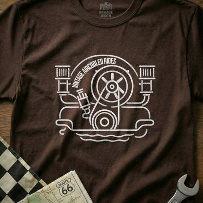 Brown t-shirt with white line art of an air-cooled engine, "Route 66" map.