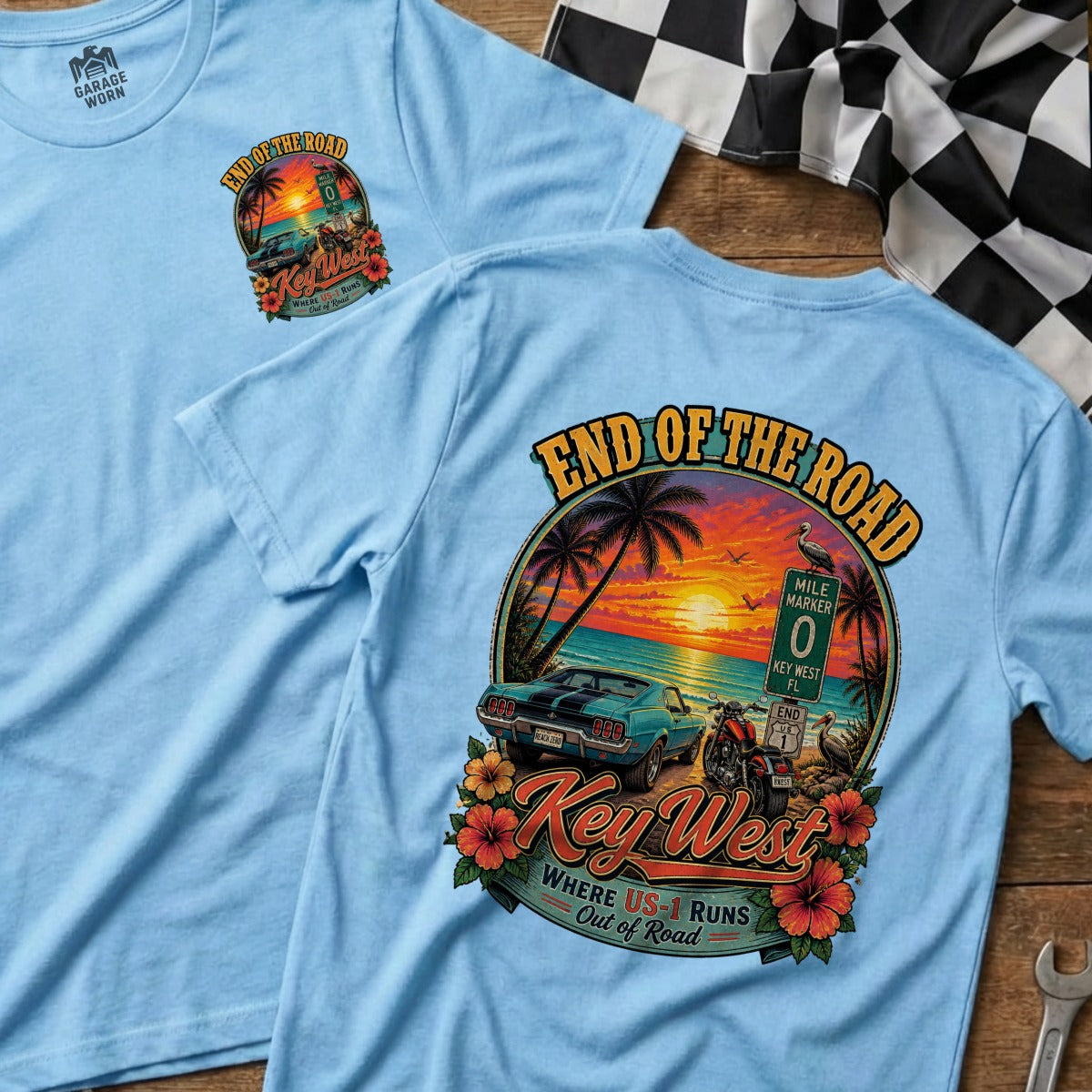 Blue t-shirt with Key West sunset graphic, classic car and motorcycle.