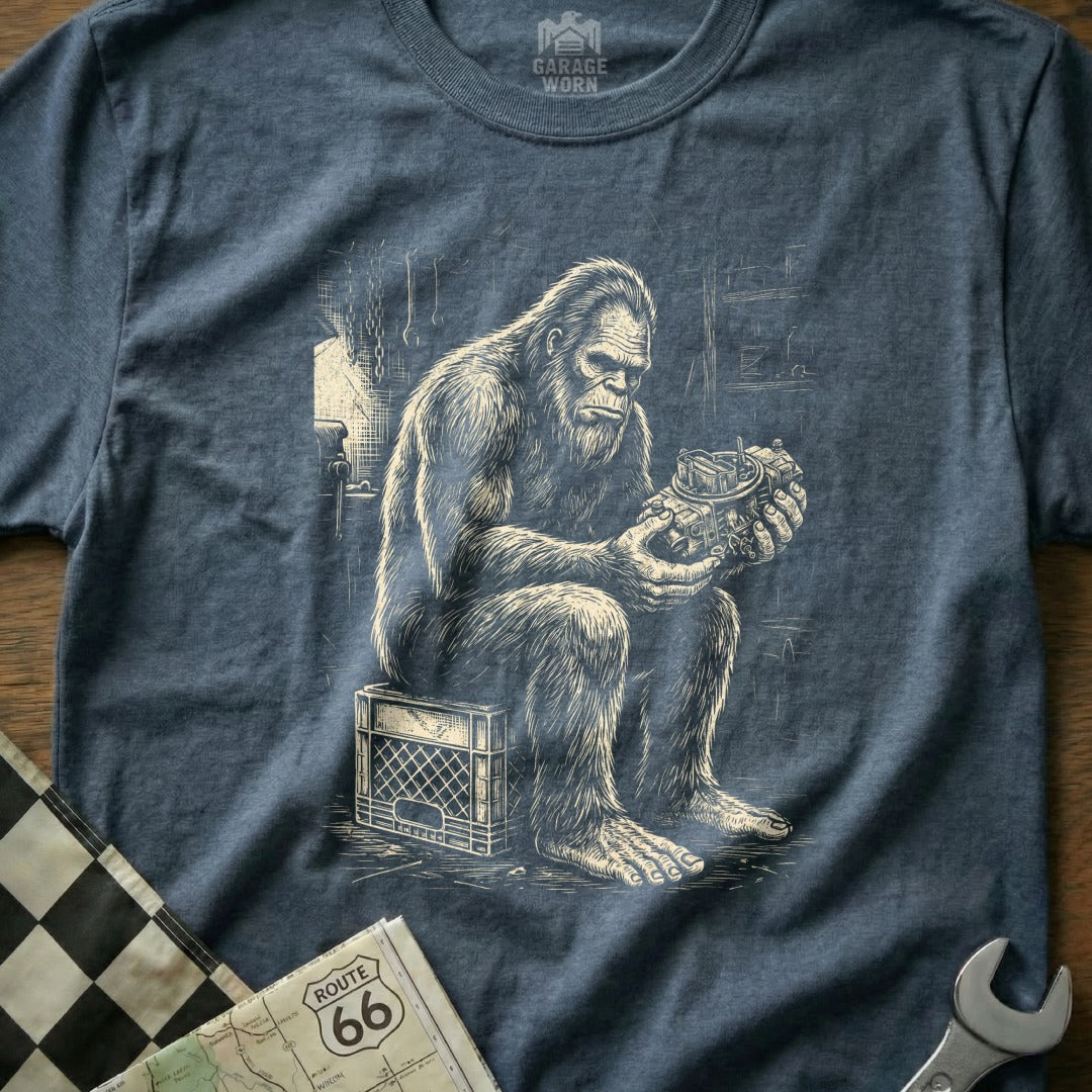 Bigfoot holding a carburetor, sitting on a crate.