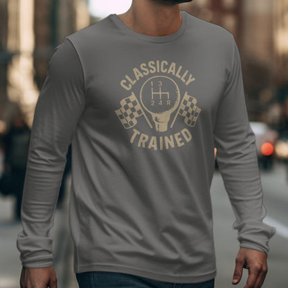 Long sleeve grey shirt with a vintage racing graphic of a shift knob and checkered flags.