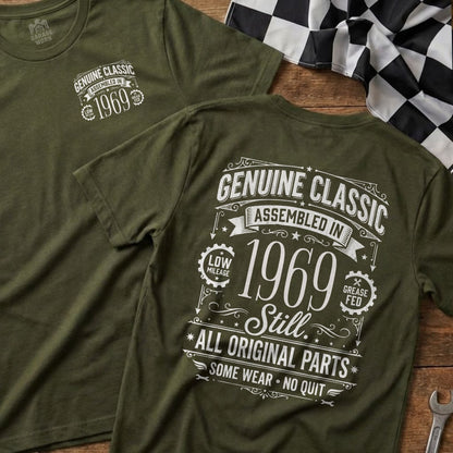 Olive green t-shirts with "Genuine Classic Assembled in 1969" text.