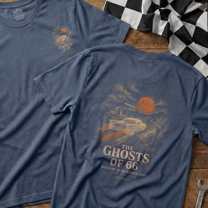 Blue t-shirt with "The Ghosts of 66" graphic featuring a vintage car and Route 66 sign.
