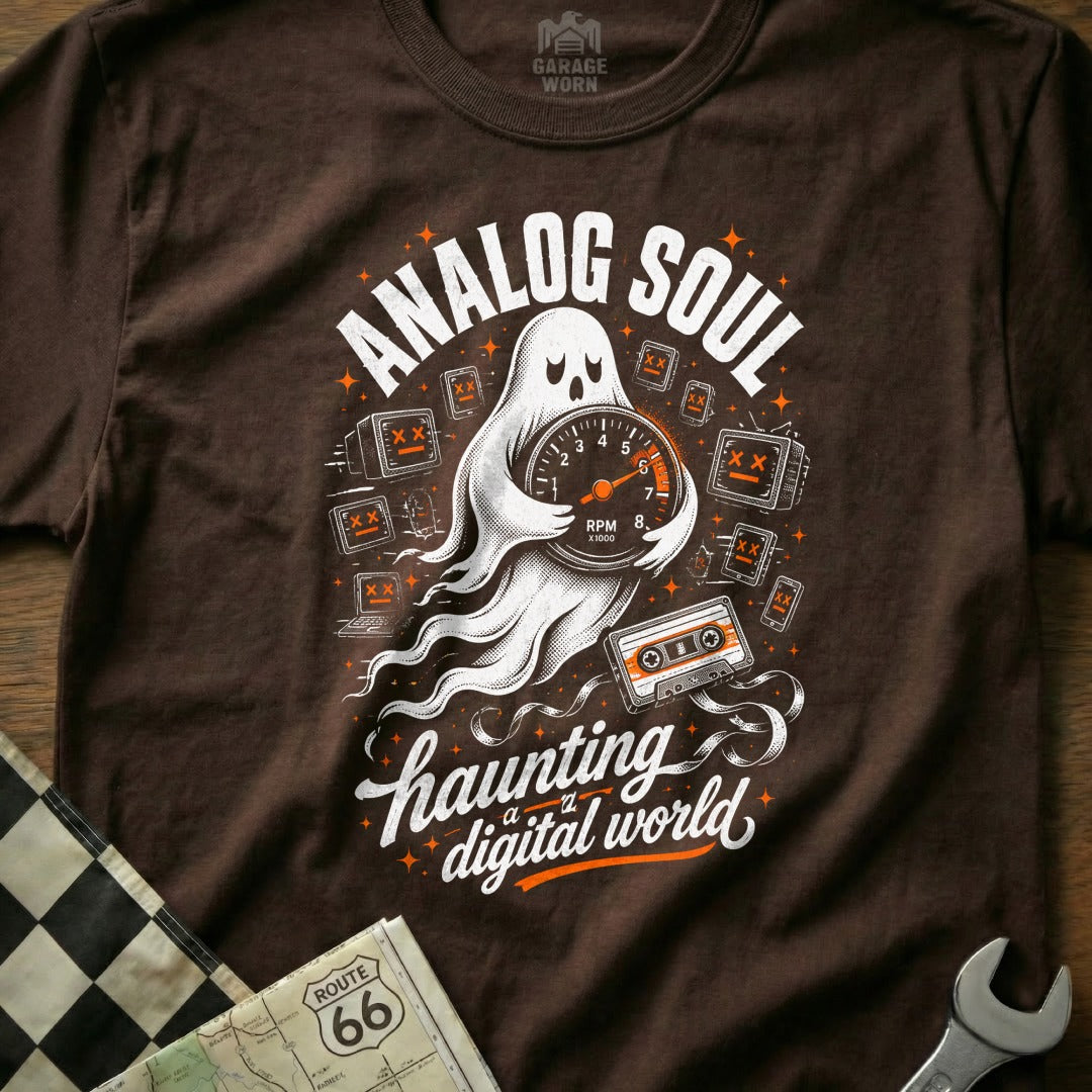 Brown t-shirt with ghost holding tachometer, text "Analog Soul" and "Haunting a digital world".