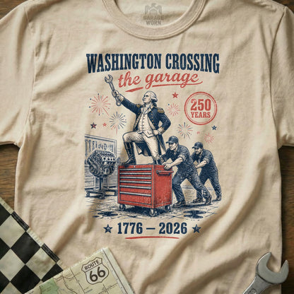 George Washington crossing the garage with mechanics, wrench, engine and toolbox. 1776-2026.