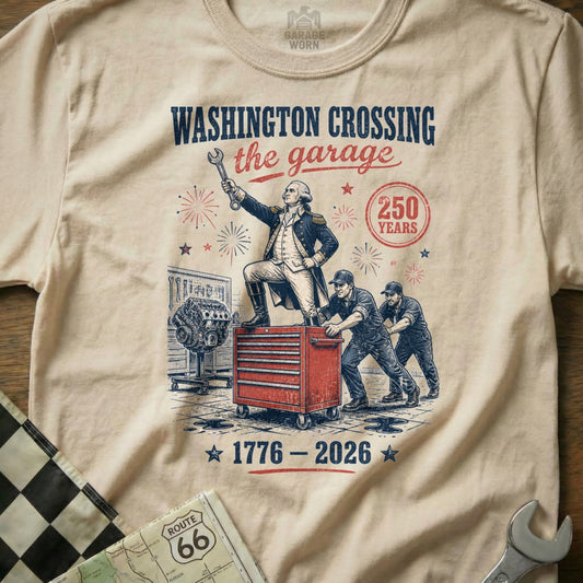 George Washington crossing the garage with mechanics, wrench, engine and toolbox. 1776-2026.