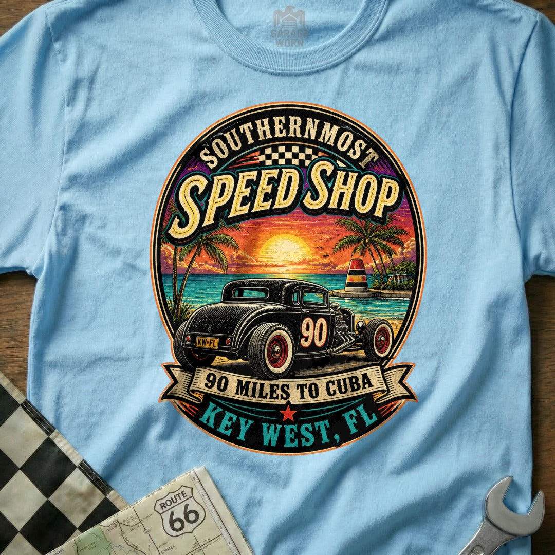 Light blue t-shirt with retro "Southernmost Speed Shop" graphic featuring a hot rod car.