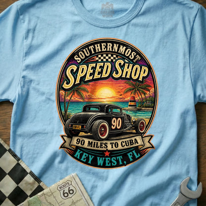 Light blue t-shirt with retro "Southernmost Speed Shop" graphic featuring a hot rod car.