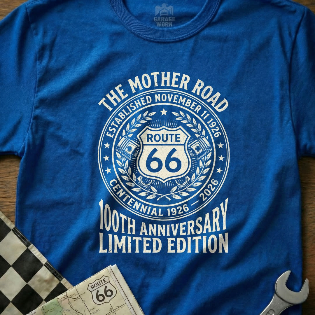 Blue t-shirt with "Route 66 Centennial 1926-2026" design and "The Mother Road" text.