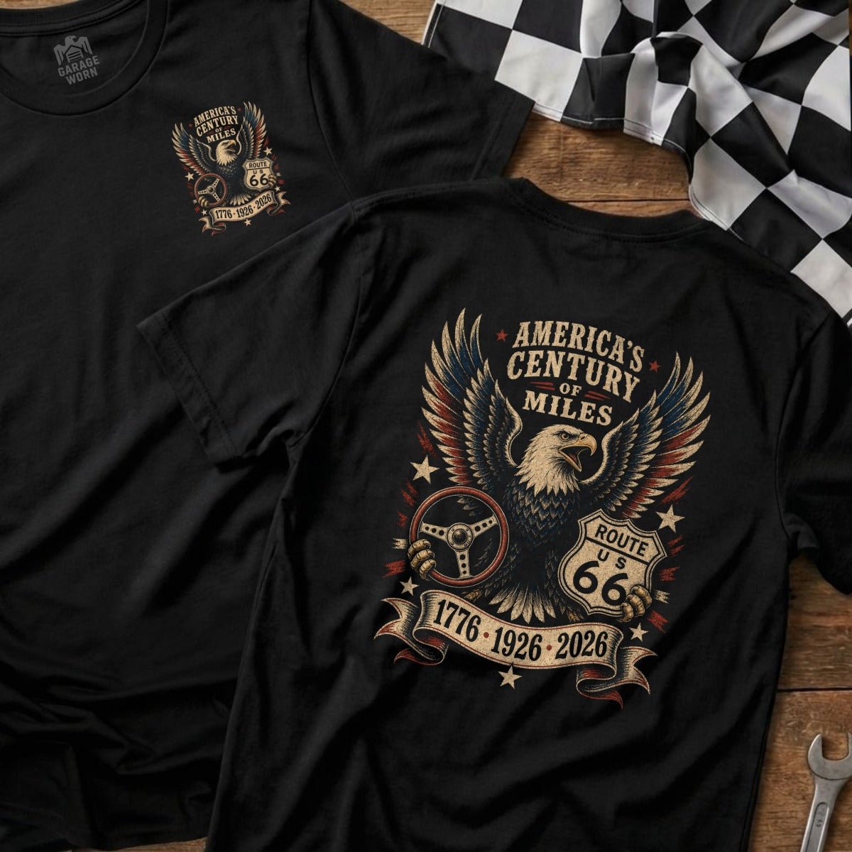 Black t-shirt featuring an eagle, steering wheel, and Route 66 logo.