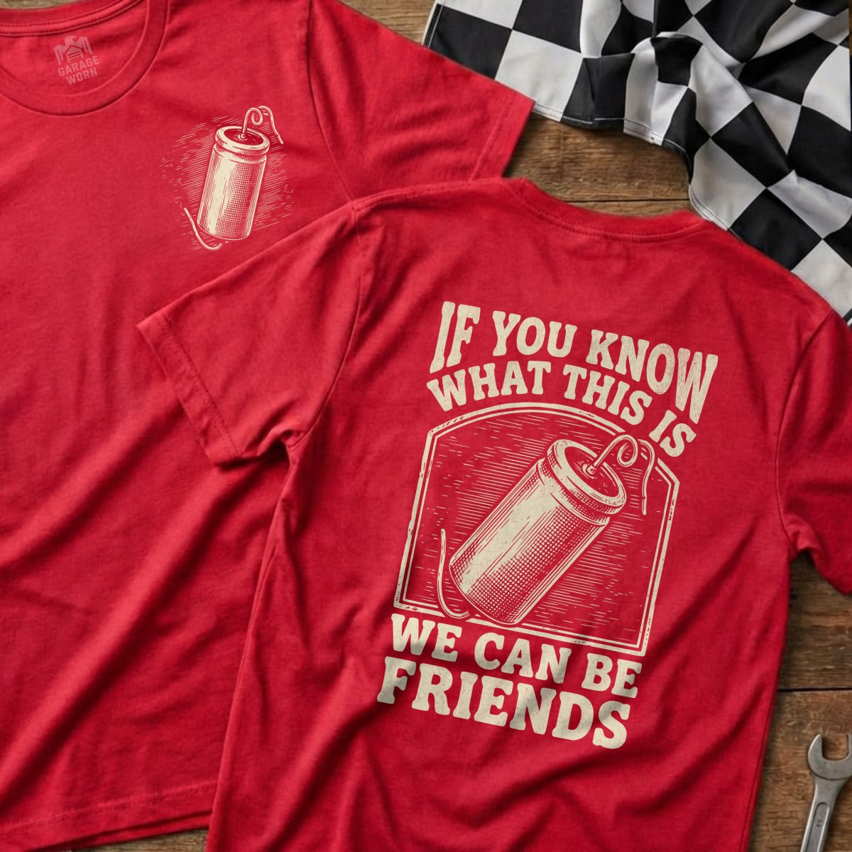 Red t-shirt with drawing of a firecracker and text "IF YOU KNOW WHAT THIS IS WE CAN BE FRIENDS".