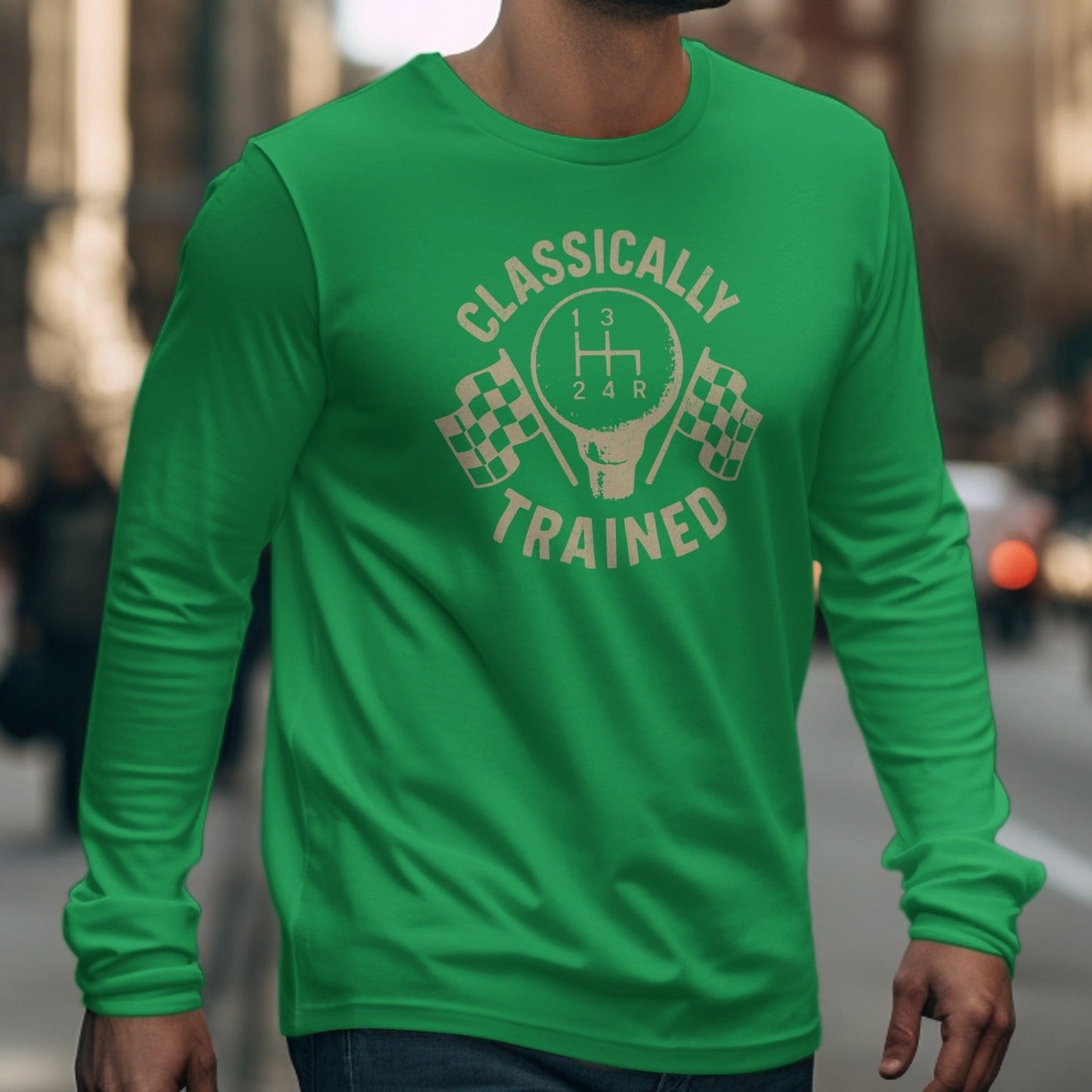 Green long-sleeve shirt with "Classically Trained" text and a gear shift graphic.
