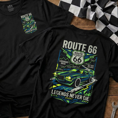 Black t-shirts featuring Route 66 logo and car graphic.