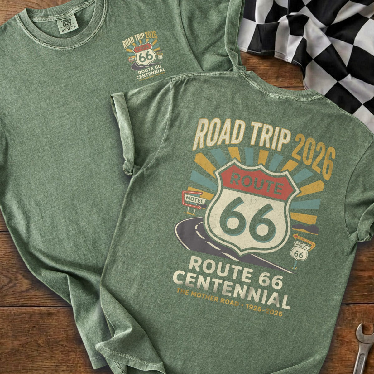 Green t-shirt with "Road Trip 2026 Route 66 Centennial" graphic.