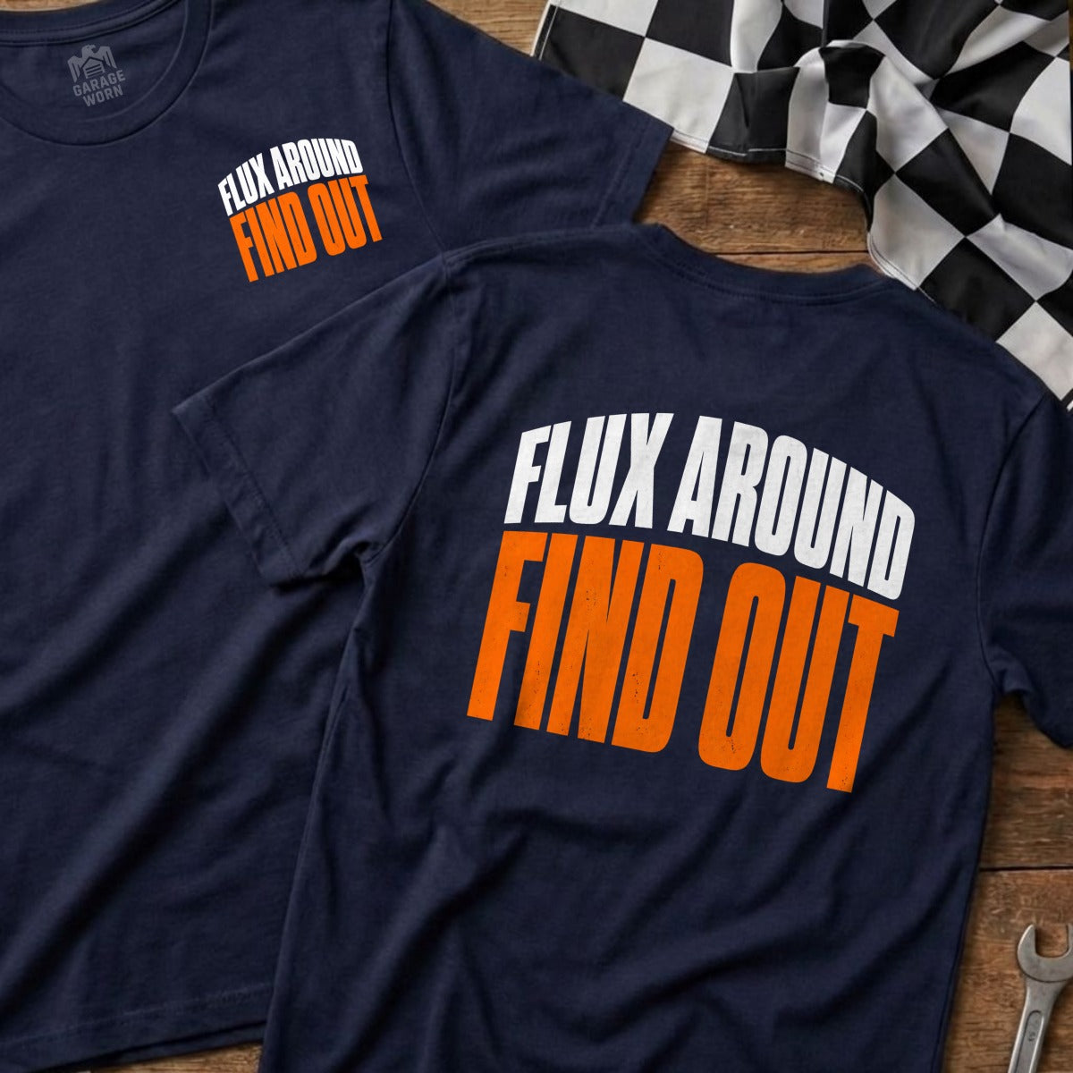 Navy t-shirts with "FLUX AROUND FIND OUT" text, one with a small chest logo.