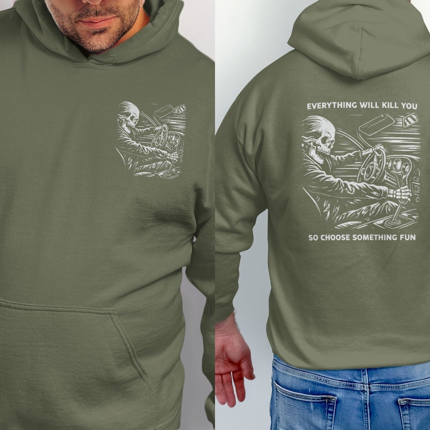 Olive green hoodie with a skeleton driving a car and text.
