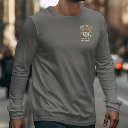 Long-sleeve grey shirt with Route 66 Centennial logo and "Road Trip 2026" text.