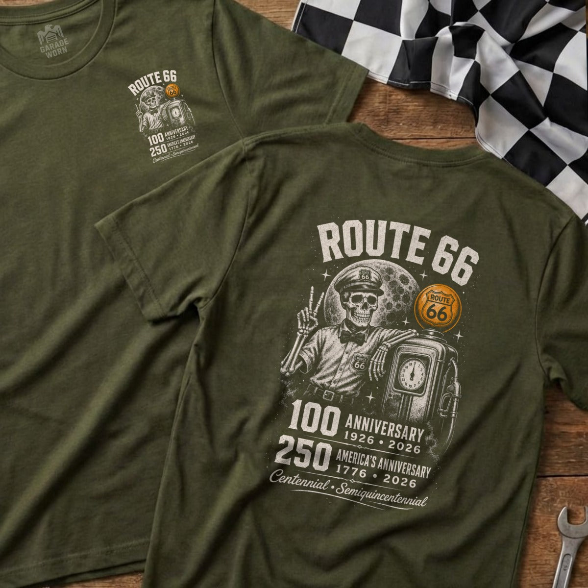 Olive green shirt with Route 66 skeleton graphic, 100th and 250th anniversary text.