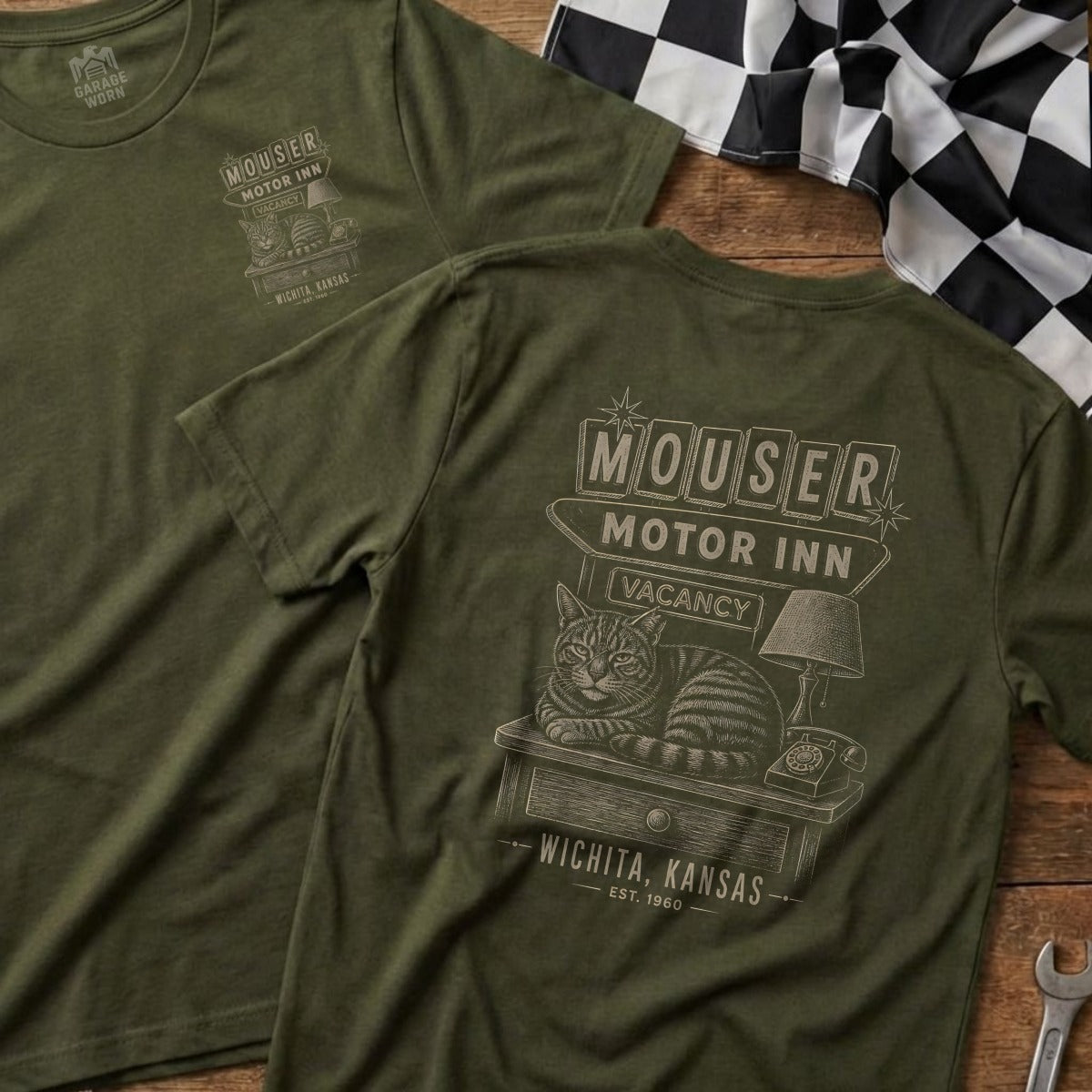 Olive green t-shirt with a vintage design of a cat at the Mouser Motor Inn in Wichita, Kansas.