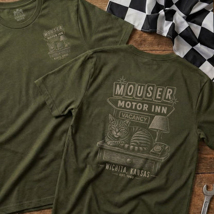 Olive green t-shirt with a vintage design of a cat at the Mouser Motor Inn in Wichita, Kansas.
