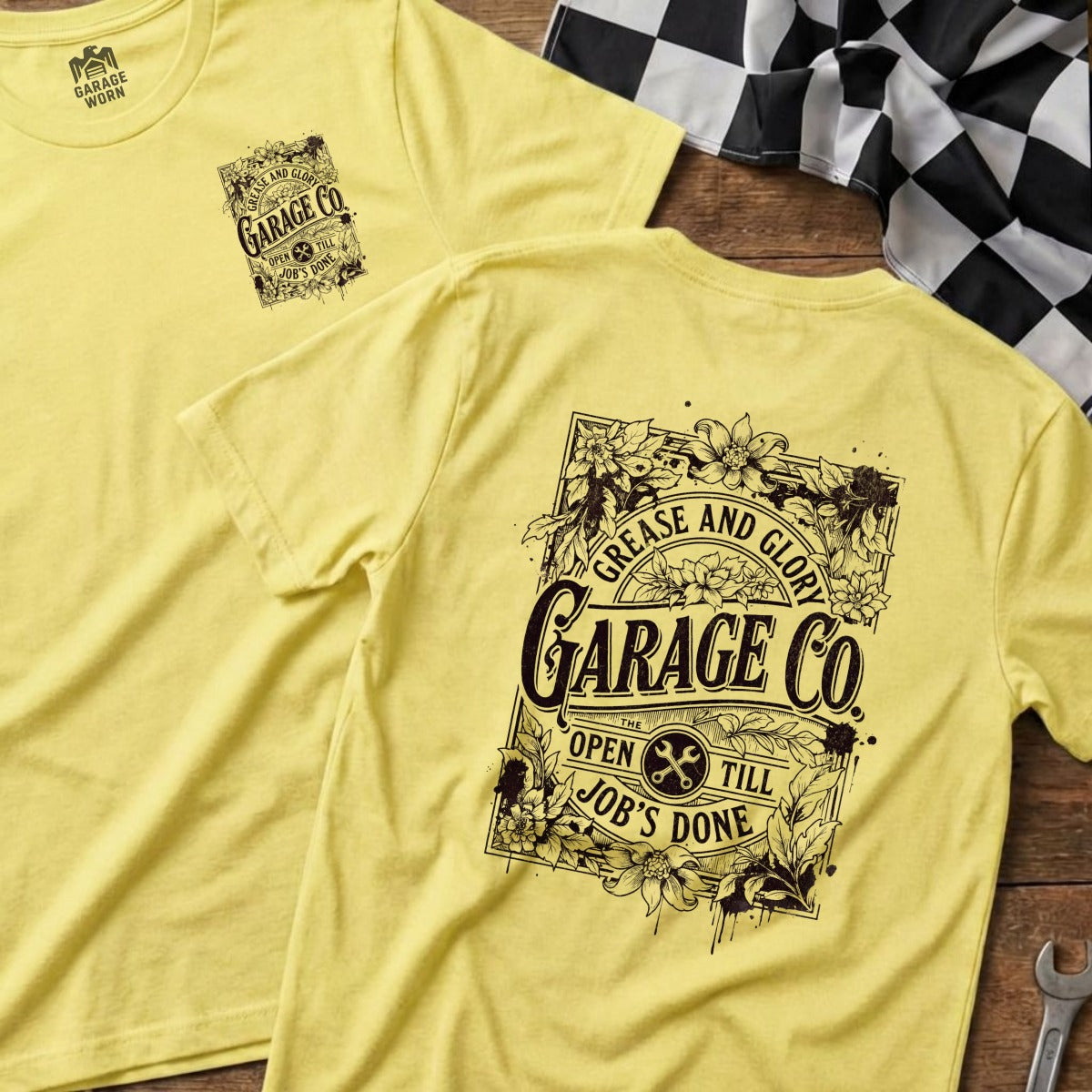 Yellow t-shirt with Garage Co. Grease and Glory logo and text.