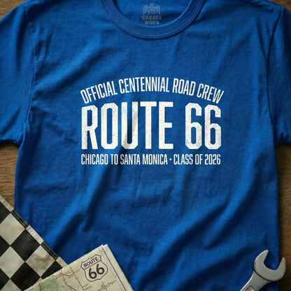 Blue shirt with Route 66 Centennial Road Crew Chicago to Santa Monica Class of 2026 design.